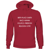 Red unisex humanity sweatshirt with white text on birthplace earth race and human politics freedom