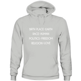 Light gray unisex Humanity Sweatshirt with text: Birth Place Earth, Race Human, Politics Freedom