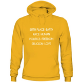 Yellow unisex humanity sweatshirt with text Birth Place Earth Race Human Politics Freedom