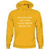 Yellow unisex humanity sweatshirt with text Birth Place Earth Race Human Politics Freedom