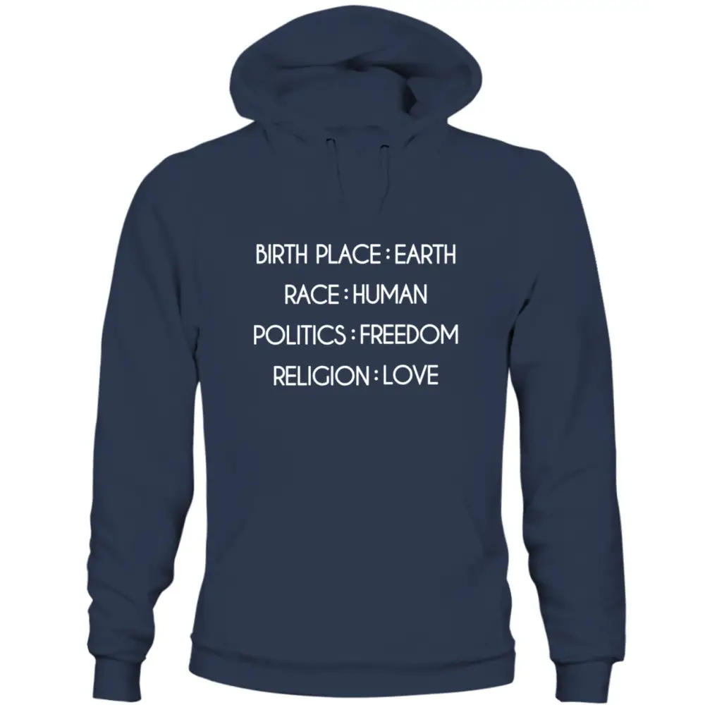 Navy blue humanity sweatshirt unisex with white text on birthplace earth race themes