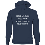 Navy blue humanity sweatshirt unisex with white text on birthplace earth race themes