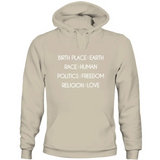 Beige unisex humanity sweatshirt with white text Birth Place Earth Race Human Politics Freedom