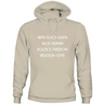 Beige unisex humanity sweatshirt with white text Birth Place Earth Race Human Politics Freedom