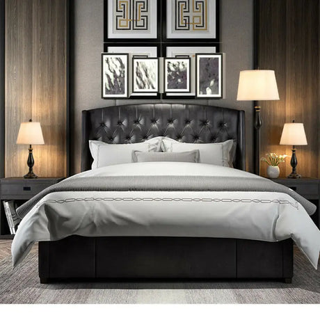 Black tufted leather bed frame with white bedding and brushed nickel lamp set of 3