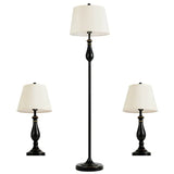 Three matching Black and White Brushed Nickel Lamps with white shades in a lamp set