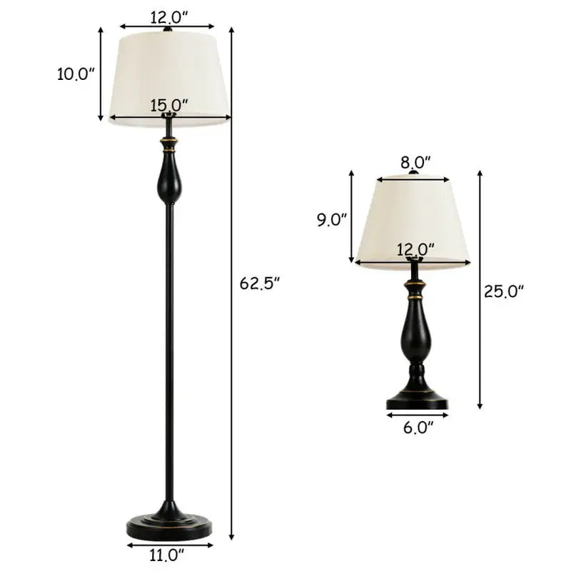 Black and white brushed nickel lamp set featuring a black table lamp with cream shades