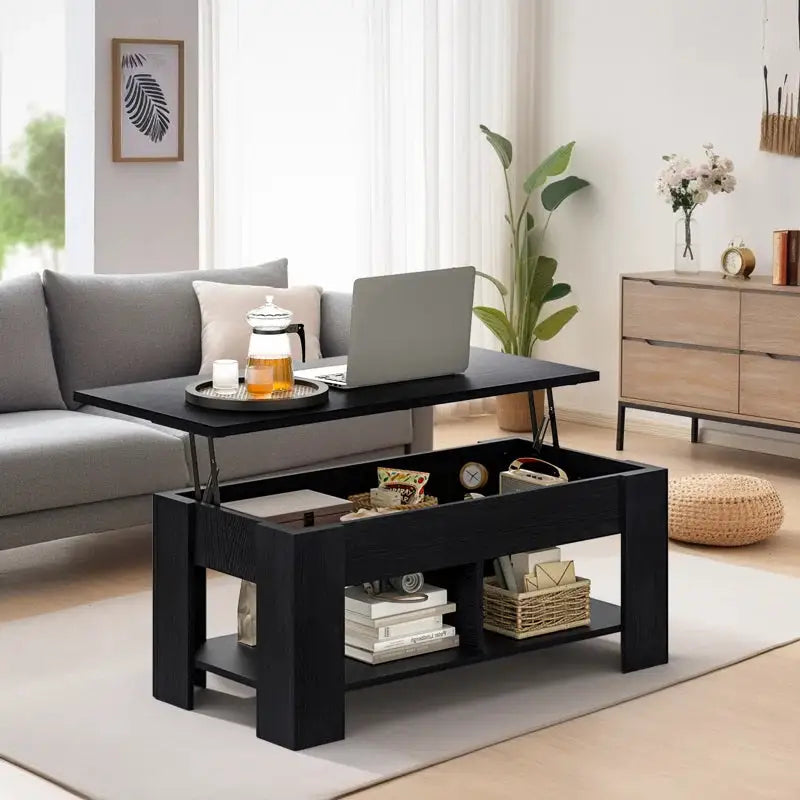 Black Extendable Coffee Table with Hidden Storage and Bottom Shelf for versatile use