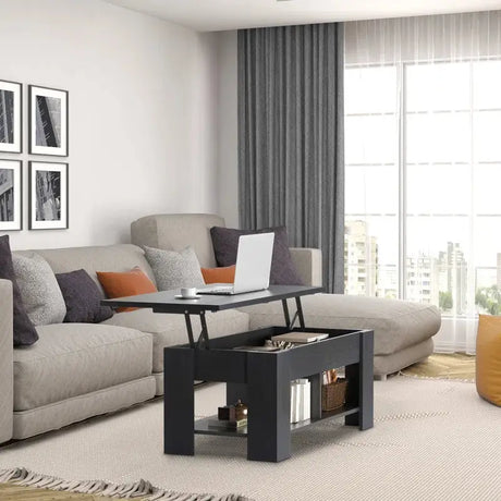 Black Extendable Coffee Table with Hidden Storage and Built-in Shelves for organization