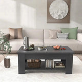 Dark gray extendable coffee table with hidden storage and lower shelf design