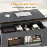 Dark gray extendable coffee table with lift-top and open shelving for hidden storage