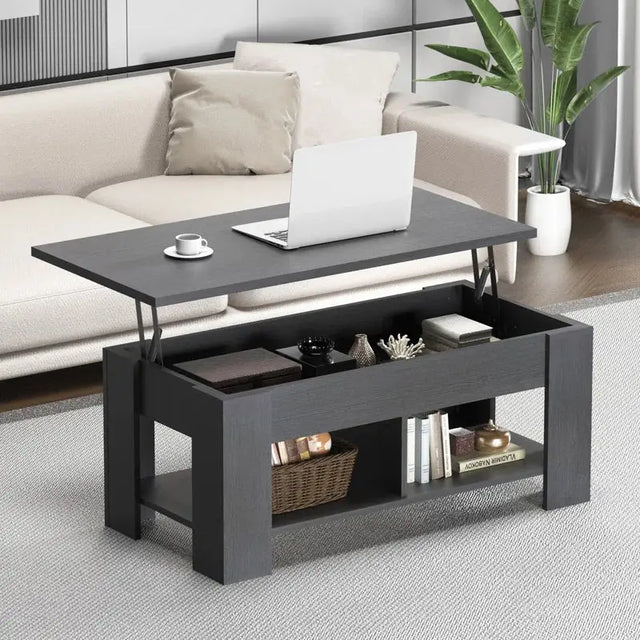 Black Extendable Coffee Table with Hidden Storage and Lower Shelf for modern living rooms