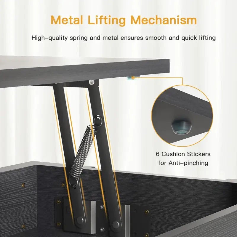 Metal lifting mechanism with spring support for Black Extendable Coffee Table features