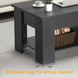 Dark gray extendable coffee table with thick legs and lower storage shelf