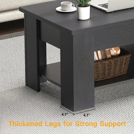 Dark gray extendable coffee table with thick legs and lower storage shelf