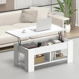 White lift-top extendable coffee table with storage compartment and bottom shelf