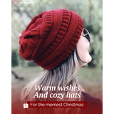 Deep red knitted slouchy winter hat with ribbed texture and fleece lining detail