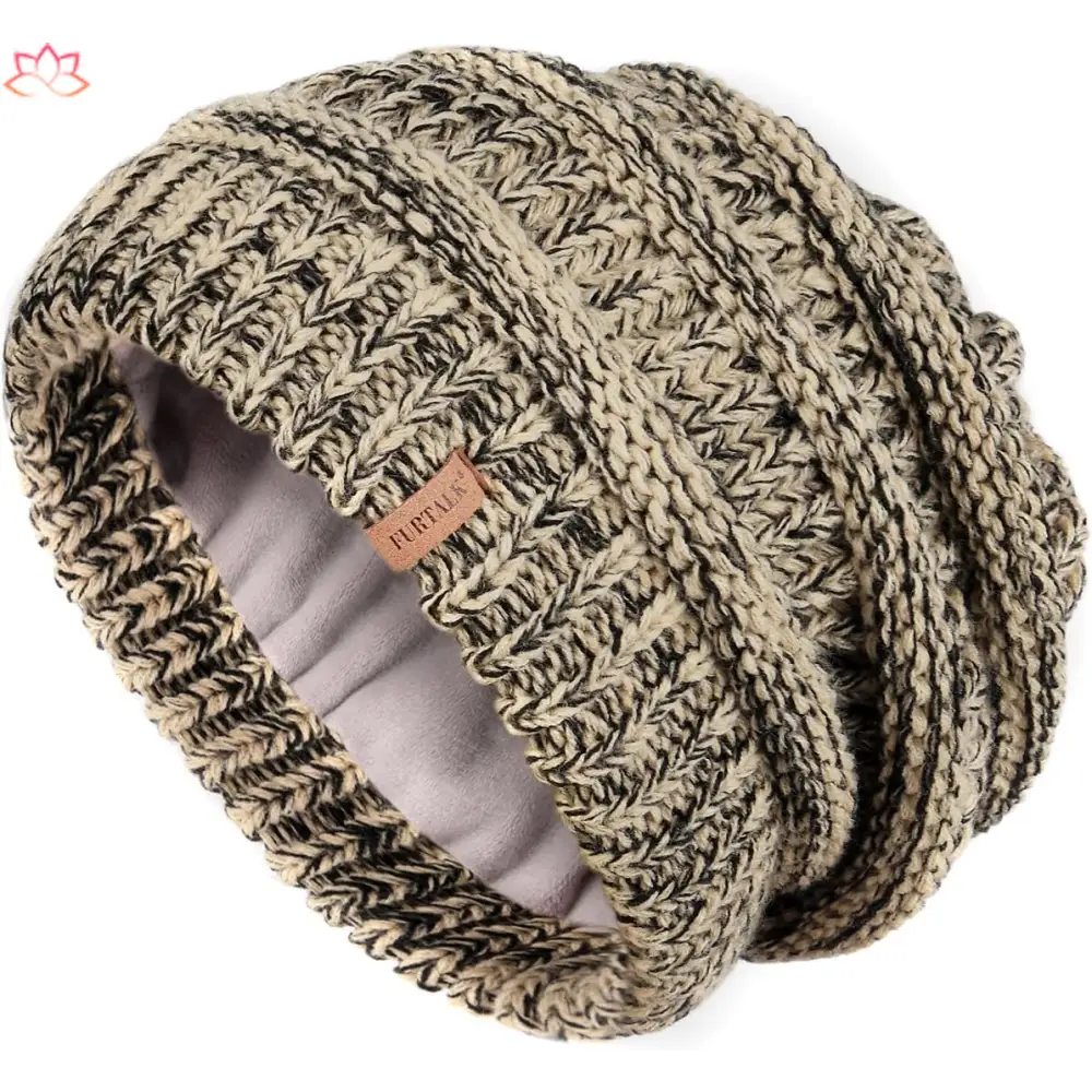 Slouchy winter hat knit beanie in brown and beige tones with fleece lining detail