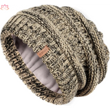 Slouchy winter hat knit beanie in brown and beige tones with fleece lining detail