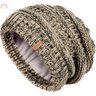 Slouchy winter hat knit beanie in brown and beige tones with fleece lining detail