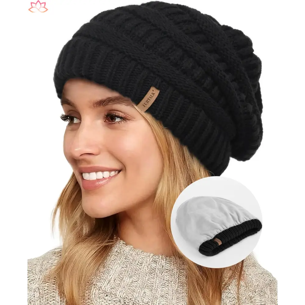 Black slouchy winter hat knit beanie featuring a small leather tag detail