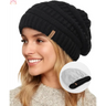 Black slouchy winter hat knit beanie featuring a small leather tag detail