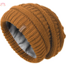 Slouchy brown knit beanie with ribbed texture and leather label for winter warmth