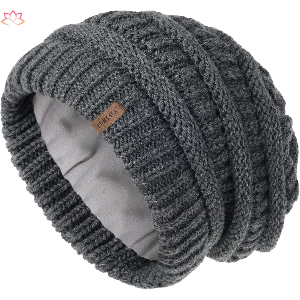 Dark gray slouchy winter hat knit beanie with leather patch and fleece lining