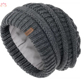 Dark gray slouchy winter hat knit beanie with leather patch and fleece lining