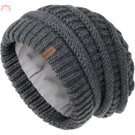 Dark gray slouchy winter hat knit beanie with leather patch and fleece lining