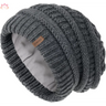 Dark gray slouchy winter hat knit beanie with leather patch and fleece lining