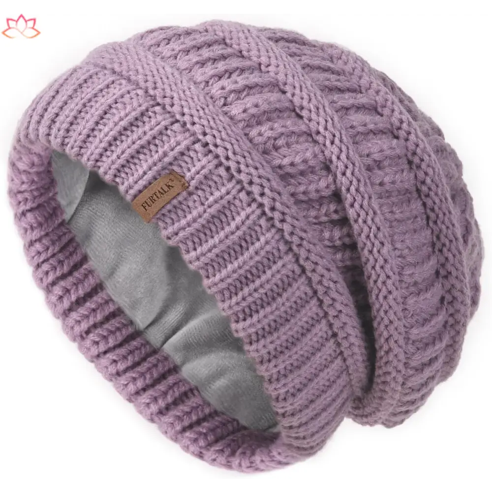 Slouchy winter hat knit beanie in dusty purple with fleece lining and ribbed pattern