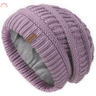 Slouchy winter hat knit beanie in dusty purple with fleece lining and ribbed pattern