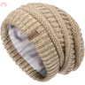 Beige knit beanie with ribbed texture and fleece lining, perfect slouchy winter hat