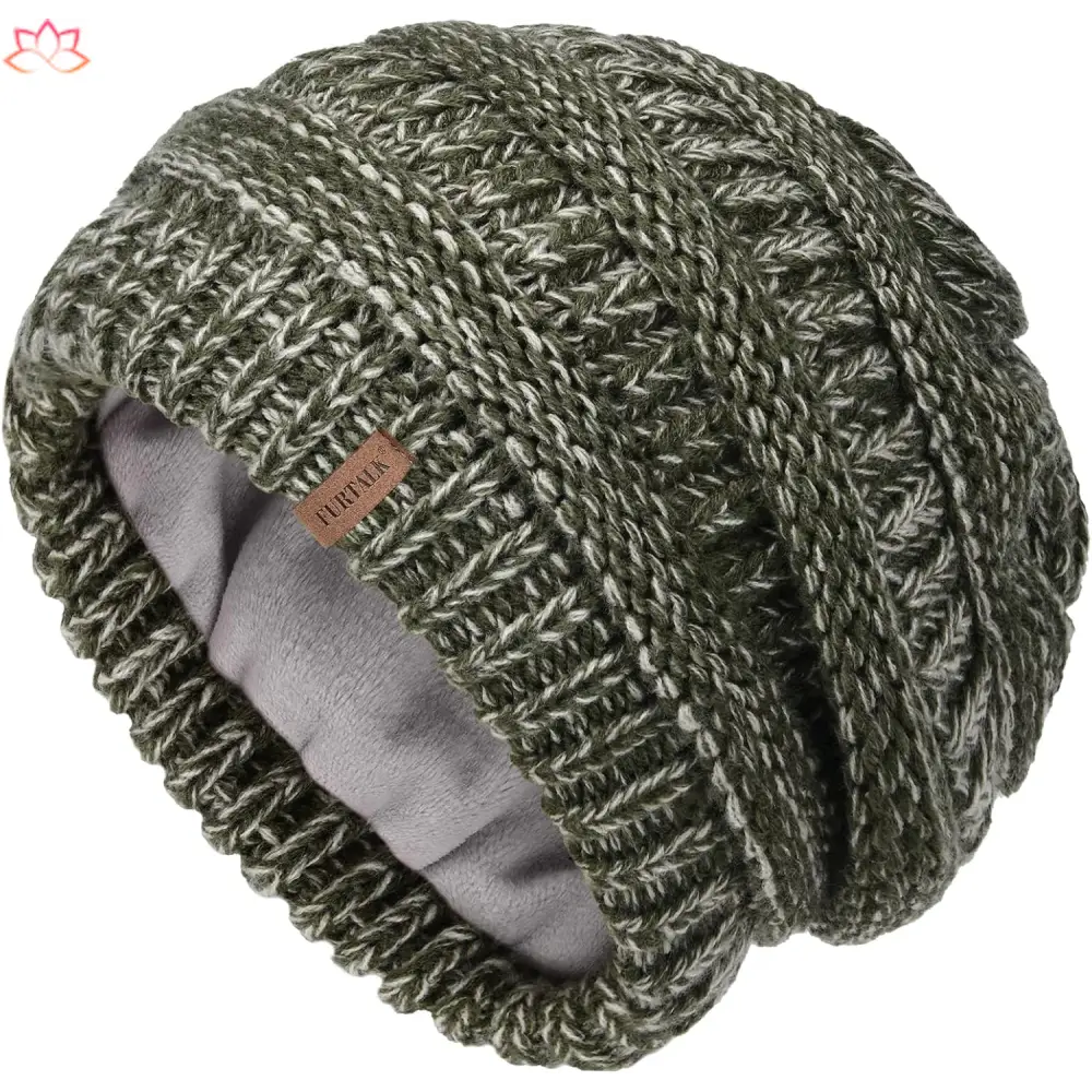 Olive green knit beanie with fleece lining, perfect as a slouchy winter hat