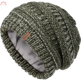 Olive green knit beanie with fleece lining, perfect as a slouchy winter hat