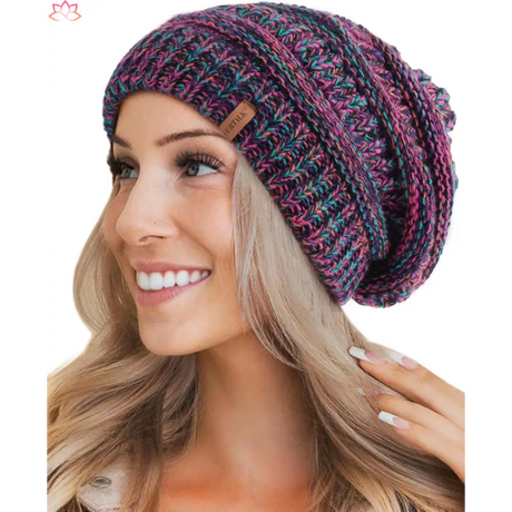 Multi-colored knit beanie with fleece lining, perfect for a stylish slouchy winter hat