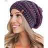 Multi-colored knit beanie with fleece lining, perfect for a stylish slouchy winter hat