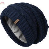 Navy blue slouchy winter hat knit beanie with fleece lining and leather label