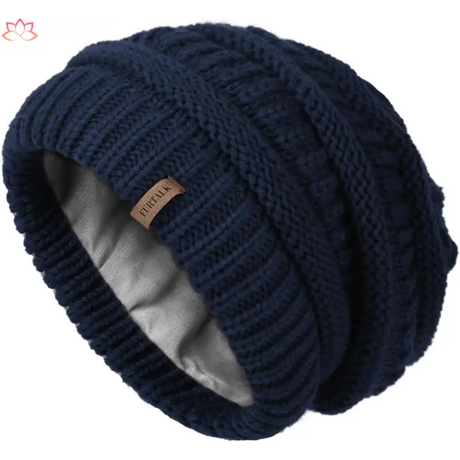 Navy blue slouchy winter hat knit beanie with fleece lining and leather label