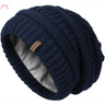 Navy blue slouchy winter hat knit beanie with fleece lining and leather label