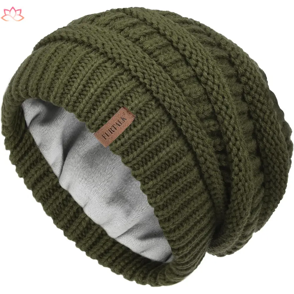 Olive green knit beanie with cable pattern and leather tag for slouchy winter hat style