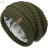 Olive green knit beanie with cable pattern and leather tag for slouchy winter hat style