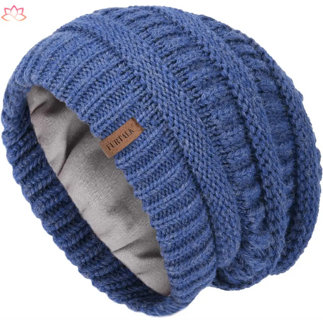 Blue knit slouchy winter hat with leather label, perfect for colder days