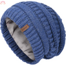 Blue knit slouchy winter hat with leather label, perfect for colder days