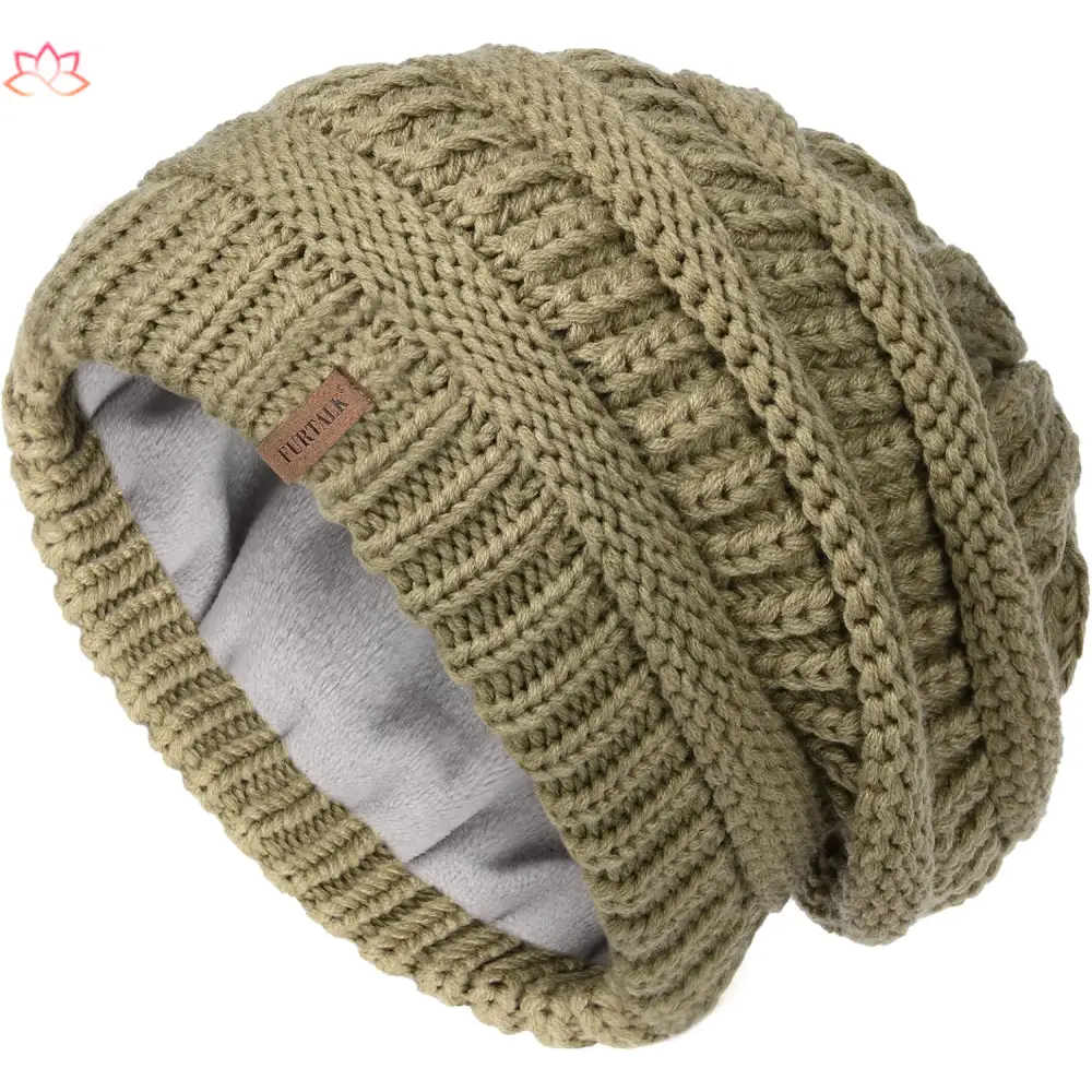 Beige slouchy winter hat knit beanie featuring cozy fleece lining for warmth