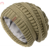 Beige slouchy winter hat knit beanie featuring cozy fleece lining for warmth