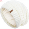 White knitted winter beanie with leather tag, perfect for slouchy winter hat style