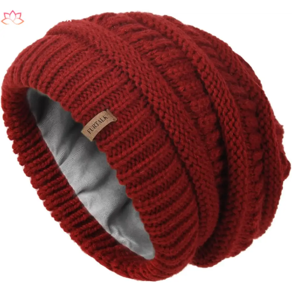 Red knit beanie with fleece lining, perfect slouchy winter hat for stylish warmth