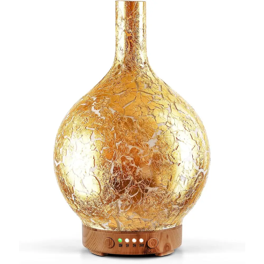 Gold-colored crackle glass essential oil diffuser with wooden base for ultrasonic essential oil